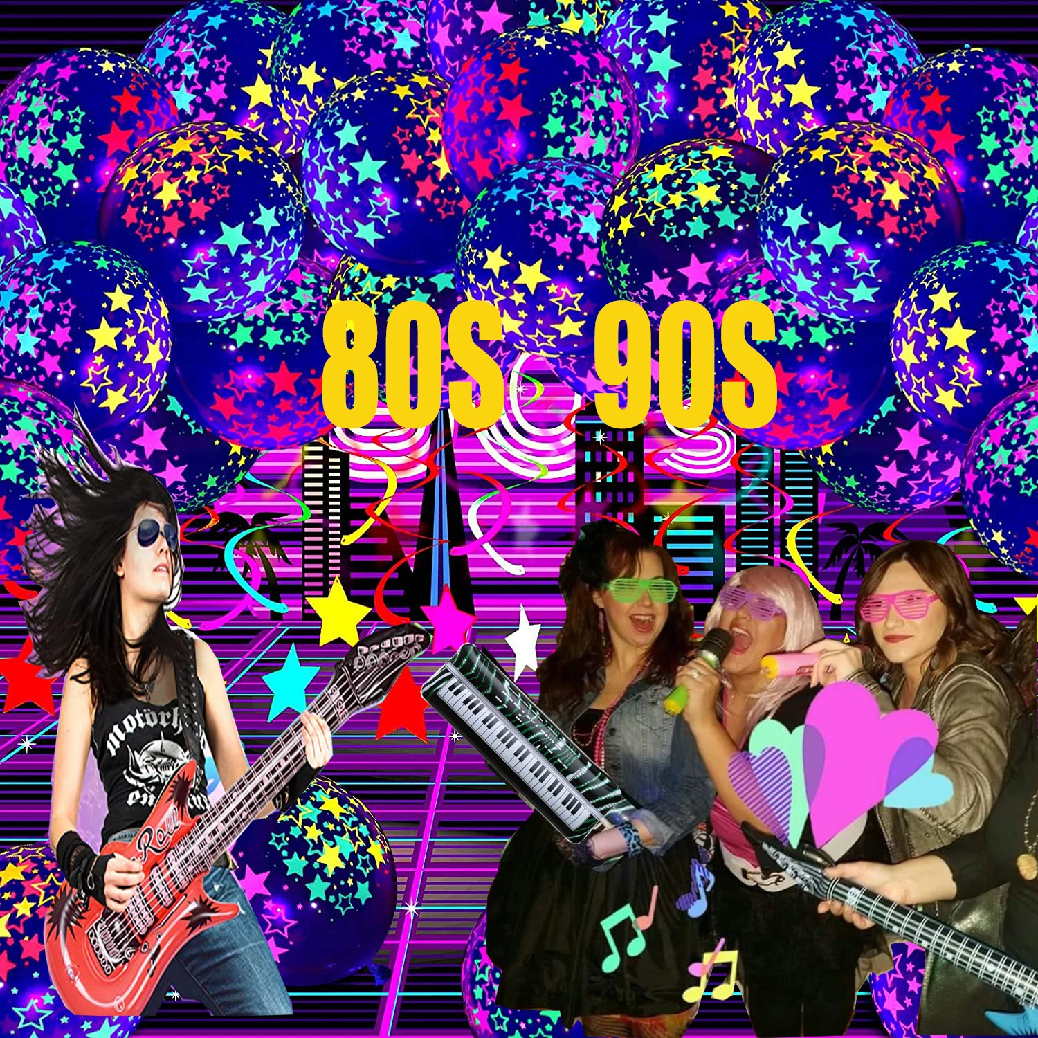 

Happy Birthday Neon Glow Balloons Inflatable Rock Star Toy Fluorescent Balloons for Neon Birthday Glow 80s 90s Theme Party Decor