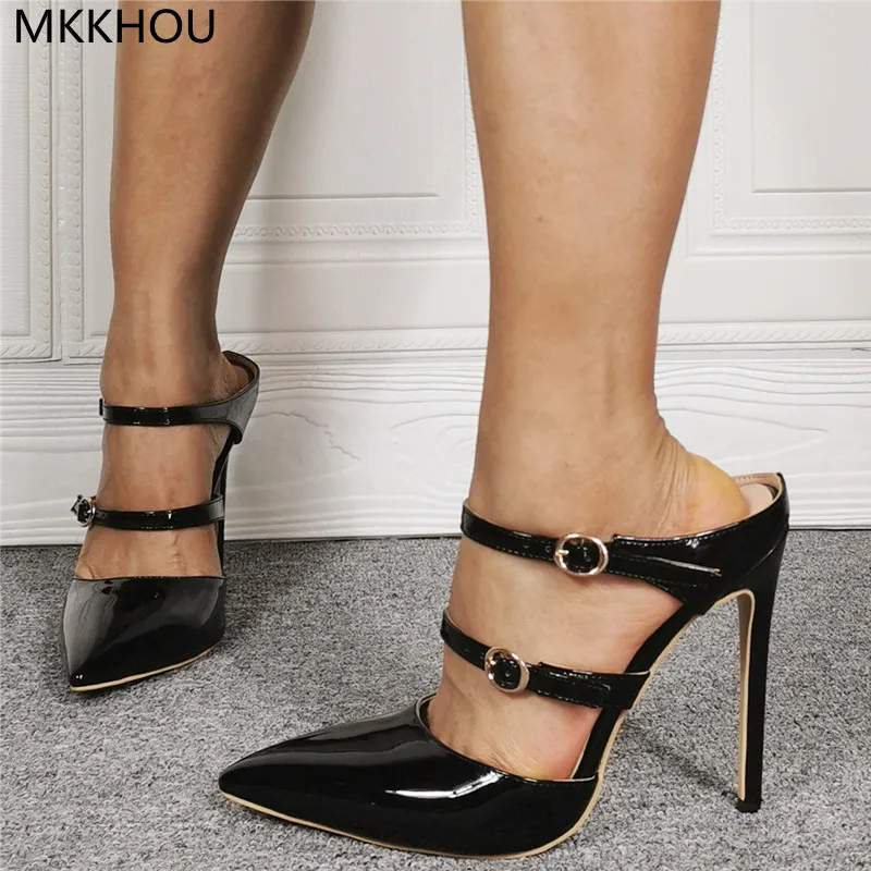 MKKHOU Fashion Sandals Women New Sexy Black Patent Leather Pointed Toe Strap Open Heel Stiletto 12cm High Heel Women Shoes