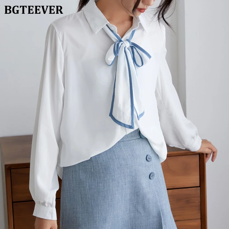 BGTEEVER Осенние простые повседневные с бантом шифоновые женские рубашки отложной