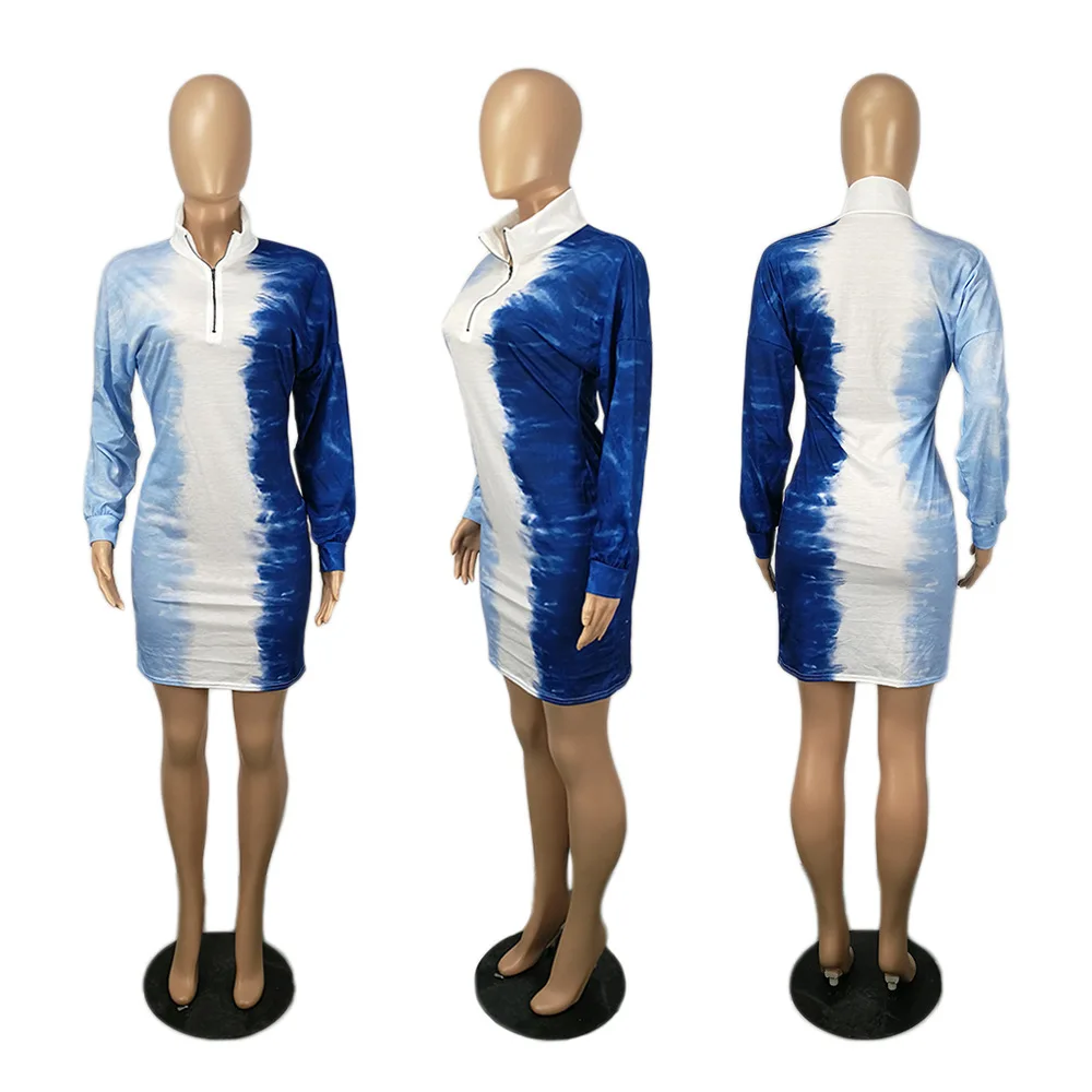 

Plus Size S-3XL Changing Color Dress Woman Long Sleeve Stand Neck Front Zipper Sheath Vestidos Casual High Street Wear Outfits