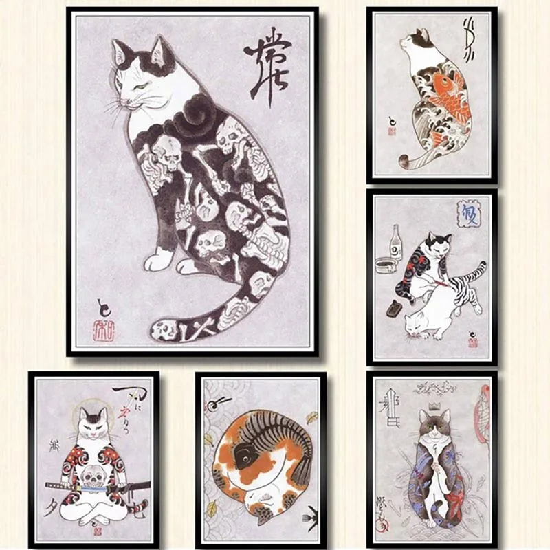 

Japanese Samurai Cat Tattoo Cat Wall Art Print Poster for Living Room Bedroom Decor Modular Pictures Home Decor Canvas Painting