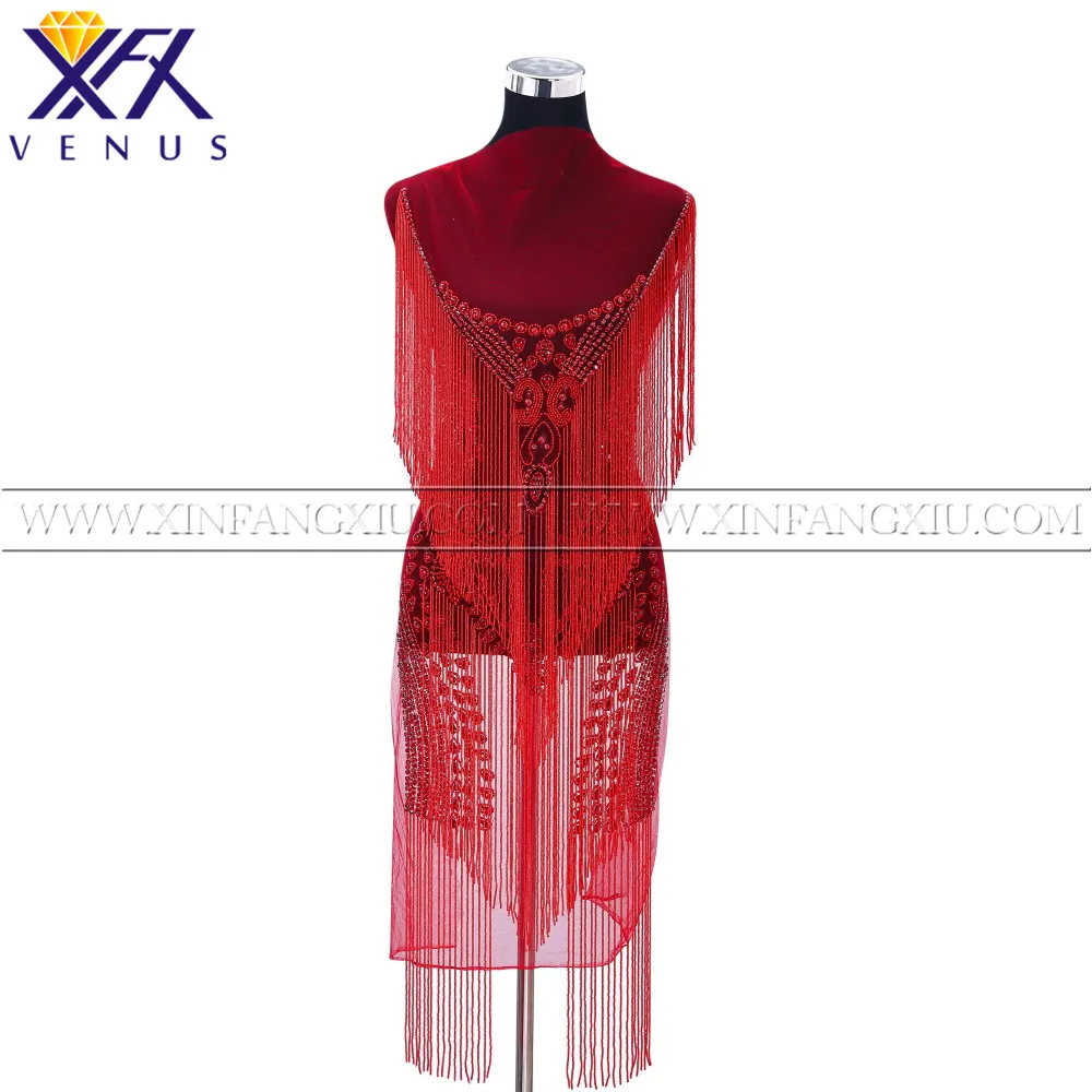 

XFX VENUS 1 Piece Bright Red Rhinestones applique beads bodice Tassel patches trimming motif for women Clothes Fabric garment