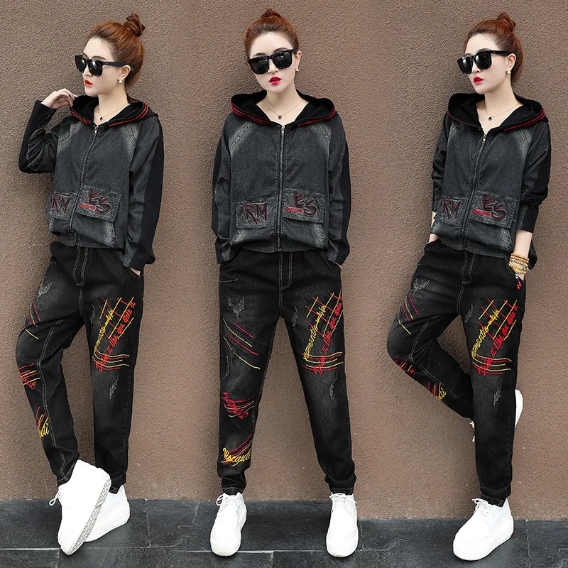 Джинсы корейского стиля куртки брюки костюм женский джинсовый комплект из двух