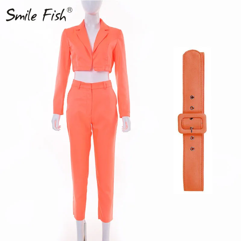 Orange Женская одежда, комплекты из 2 предметов, модные женские короткие блейзеры, длинные штаны, комплекты с длинным рукавом, офисный Женский блейзер, неоновая уличная одежда GV618 - Цвет: Orange