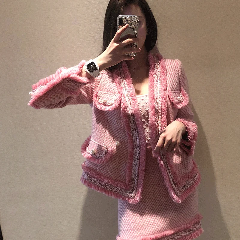 Женская приталенная твидовая юбка с кисточками комплект из 2 предметов блейзер