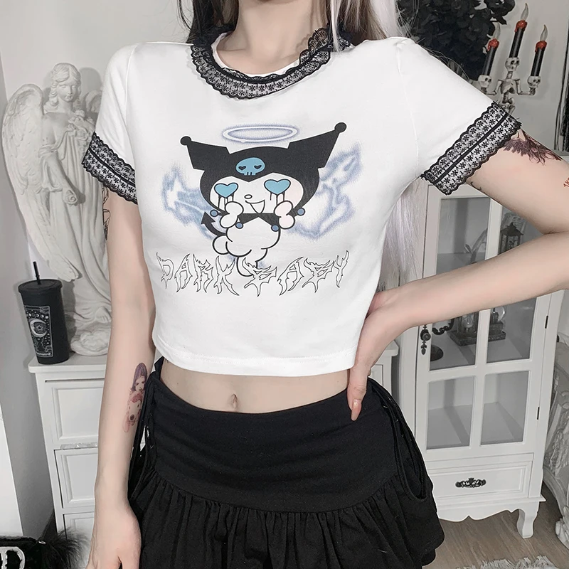 

Harajuku Gothic Print Summer White T-Shirt Punk Streetwear Short Sleeve Lace T Shirts Women Casual Sexy Basic Crop Tops Tees