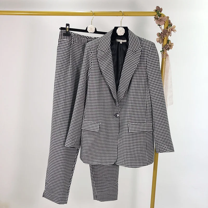 Брючный костюм 2019 осенний пиджак в клетку + с высокой талией брюки Женский из двух