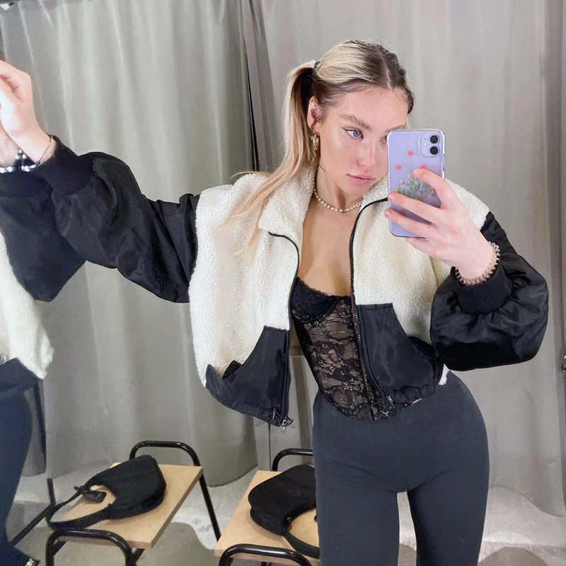 

Autumn Fur Patchwork Jackets 2000s Retro Zip Up Cropped Coat Women Korean Kawaii Harajuku Winter Casual Warm Outerwear Clothes