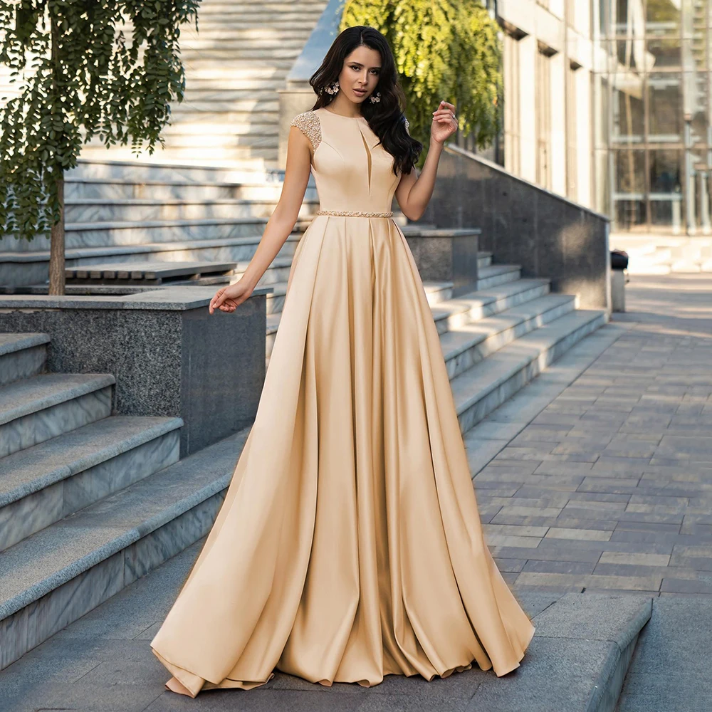 Купи UZN Elegant A-Line Satin Evening Dress O-Neck Cap Sleeves Evening Gown Hot Sale Beading Belt Draped Long Prom Dress за 4,951 рублей в магазине AliExpress