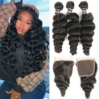 blackpearl remy loose wave brazilian human hair 3 bundles with closure 4x4 brazilian loose wave with lace closure
