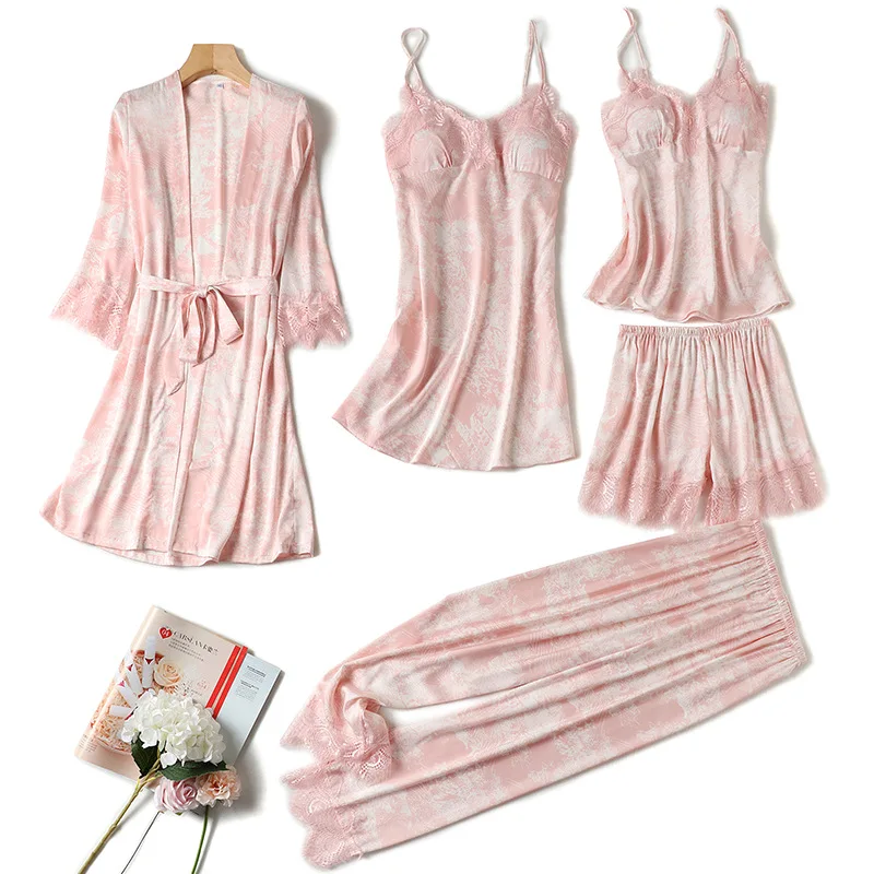 

Spring Summer Pajamas Set Women New 5PCS Sleepwear Sexy Lace Robe Suit Casual Kimono Gown V-neck Sleep Set Home Clothing