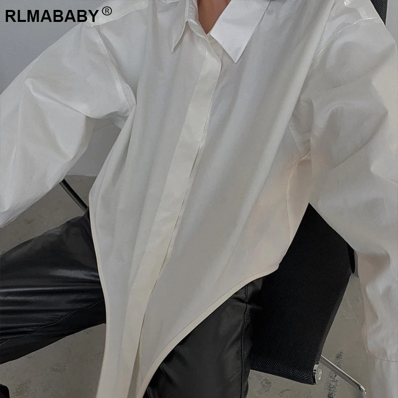 

Элегантная офисная Дамская Асимметричная блузка RLMABABY с подолом, однотонная облегающая пикантная женская блузка с отложным воротником и дл...
