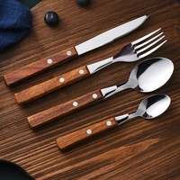 wooden handle cutlery tableware stainless steel dinner set knife fork spoon set dinnerware flatware set kitchen device sets