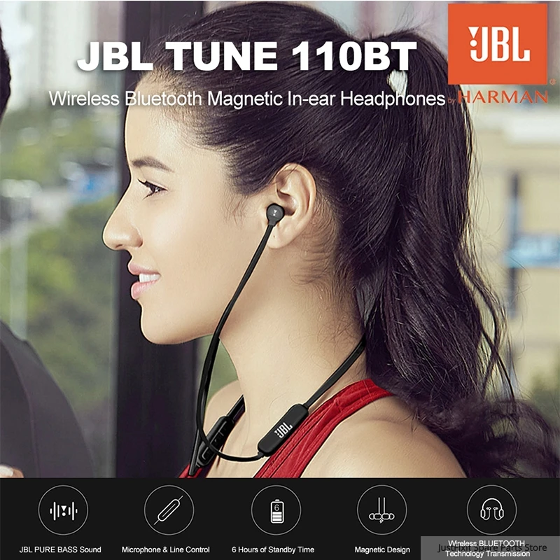 Беспроводные Bluetooth наушники JBL T110BT Спортивная гарнитура с басами для бега
