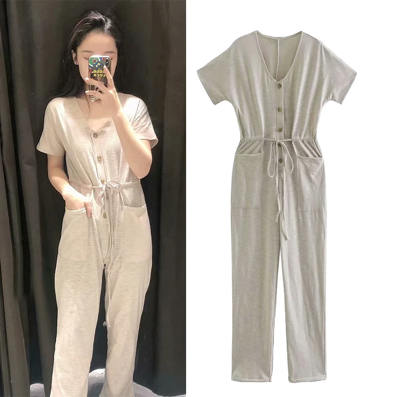 

WESAY JESI Spring Female Jumpsuit All-Match Fashion Casual Waist Slimming Solid Color Short-Sleeved JumpSports Ladies Outfits