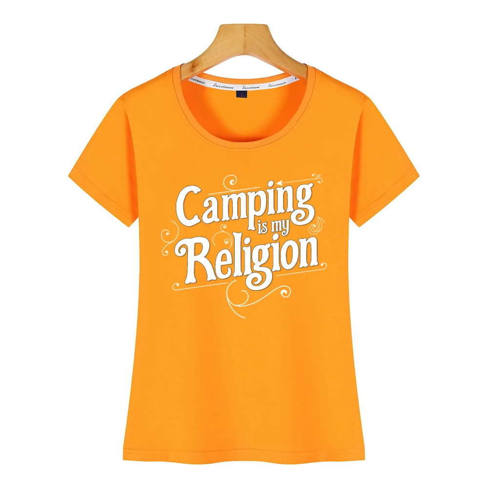 Женская футболка с надписью camping is my religion белая короткая | одежда