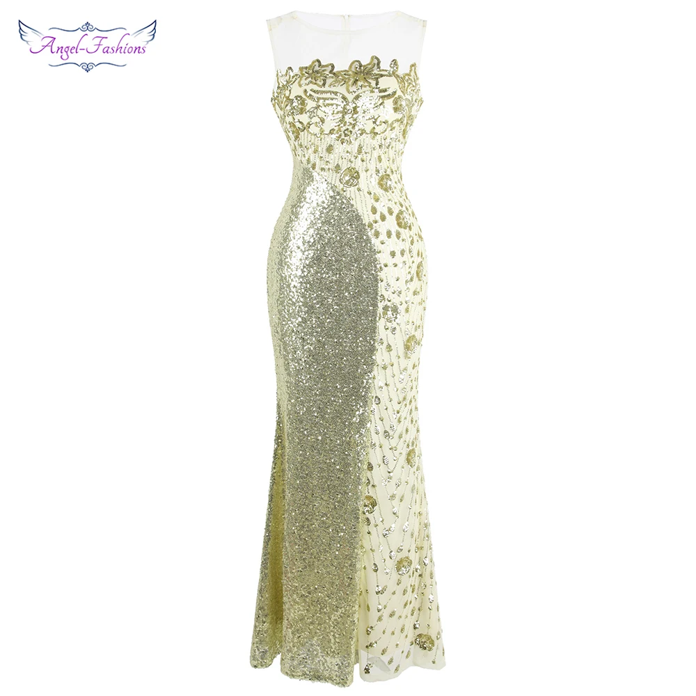 Женское облегающее вечернее платье Angel fashions цвета шампанского с круглым вырезом