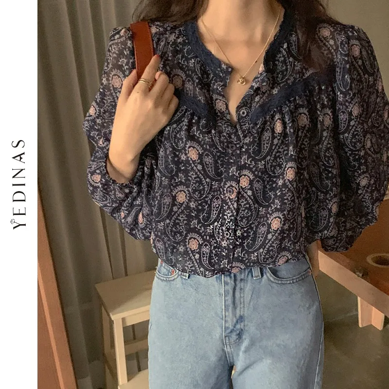 

Женская кружевная блузка Yedinas, элегантная рубашка с длинным рукавом и вышивкой, с цветочным узором, в стиле пэчворк, Осенние Топы для женщин