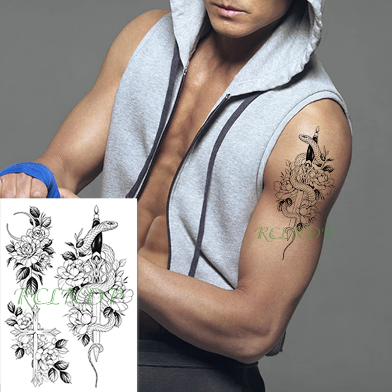 Водонепроницаемая Временная наклейка на татуировку новая луна крест меч цветок