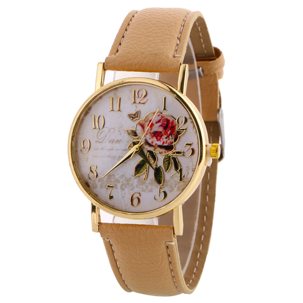 

Women Watches Simple Vintage Small Dial Watch Arabic Number Rose Flower Round Dial Faux Leather Band Quartz Wrist Watch Gift