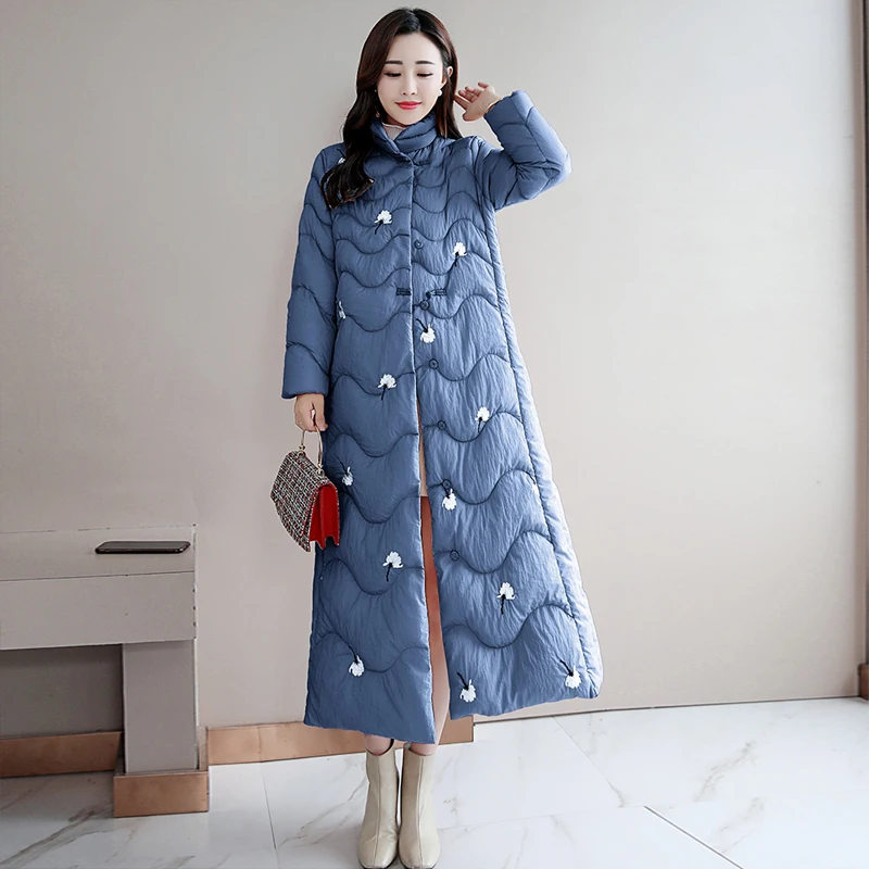 

Women Stand Collar Chinese Style Long Warm Coat Micro-Elasticity Embroidery Flower Korean Female Cotton Jackets Winter Fashion
