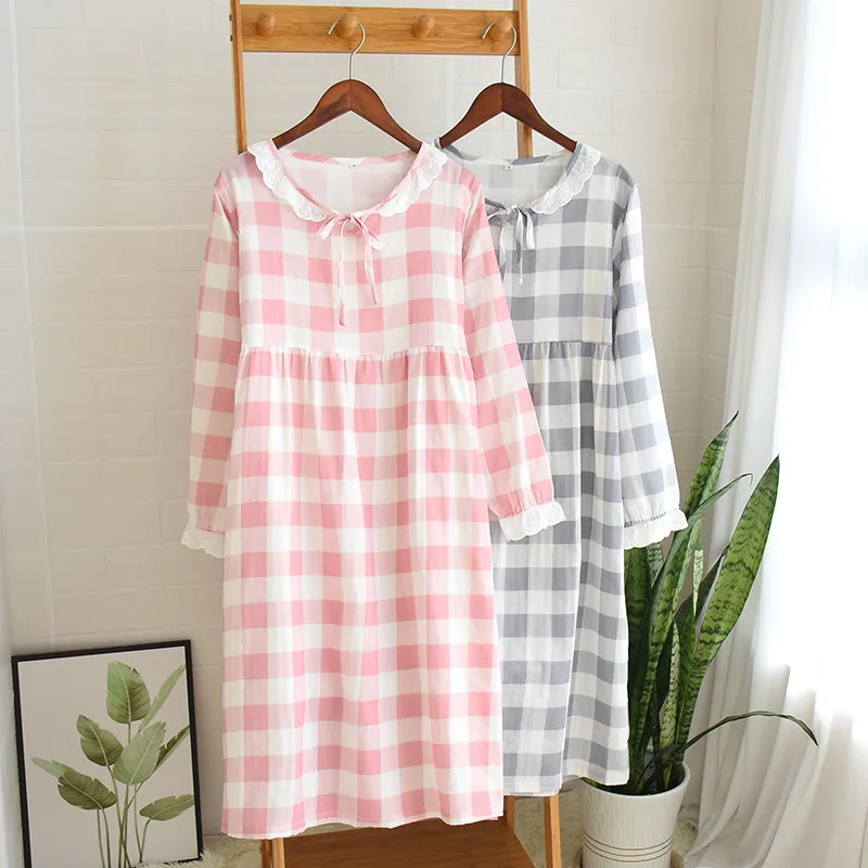 

Women's New Double Layer Gauze Nightdress Spring Long Sleeve Simple Plaid Nightgown Plus Size Sleepwear Cotton Sleeping Dress