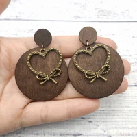antique women new wood disc dangle earrings with brone alloy sun fish cow feather various charm pendent dainty jewelry gift