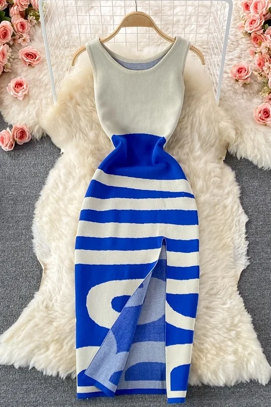 

Striped Color Match Split Knitted Dress Girls Sexy Sleeveless Vest Dress Summer New Girls Sexy Knitting Dresses