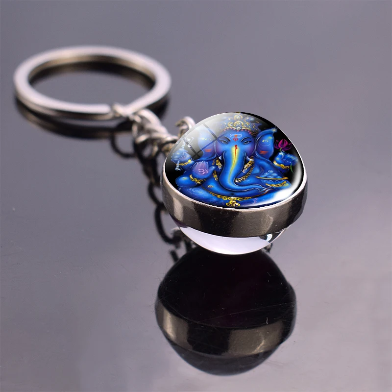 

Elephant God Ganesha Keychain Hinduism Buddhism Art Jewelry Double Side Glass Ball Keyring Men Key Accessories