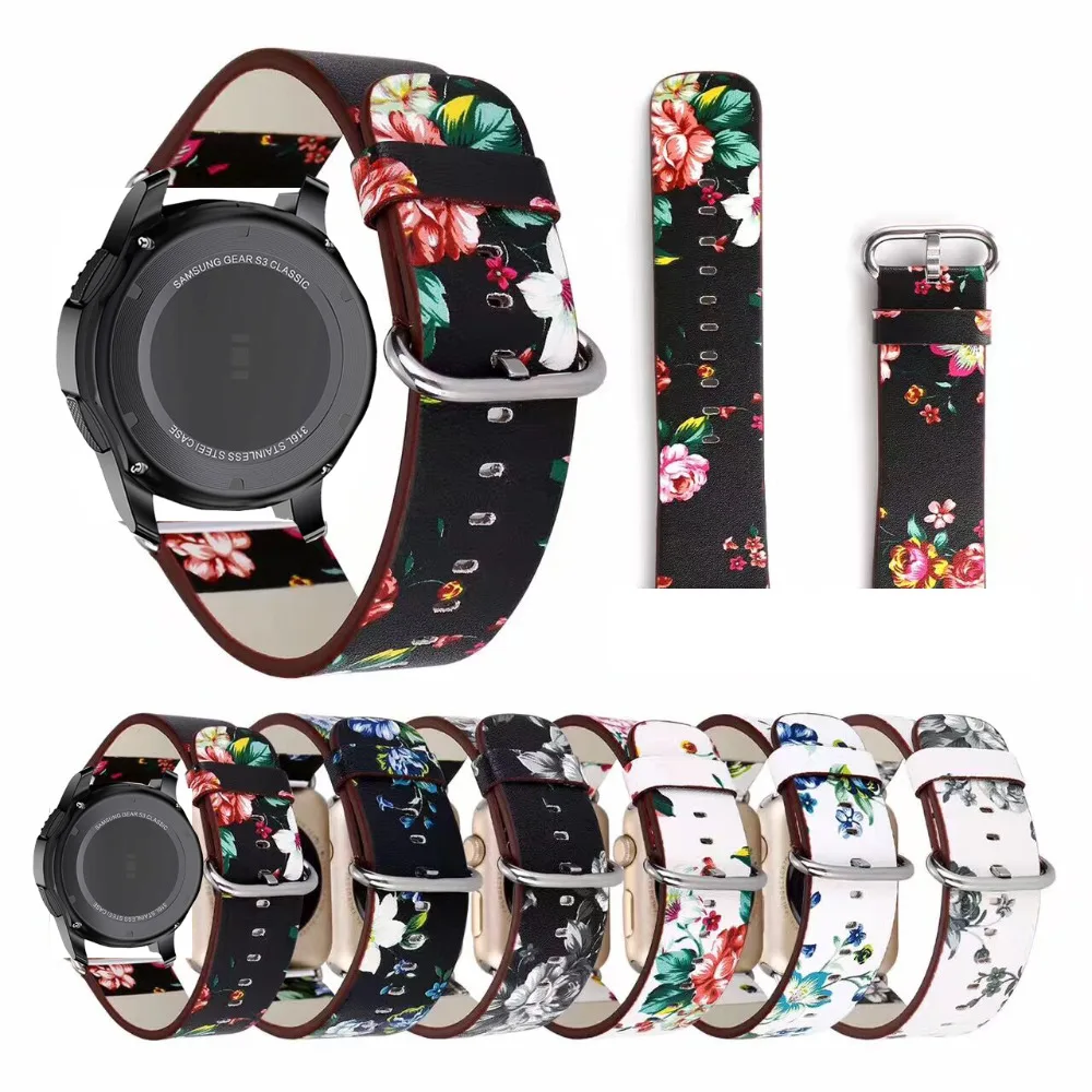 Кожаный ремешок 22 мм для samsung galaxy watch 46 gear2 s3 Zenwatch Ticwatch S S2 pro amazfit 3 2/1 GTR 47 pace цветочный