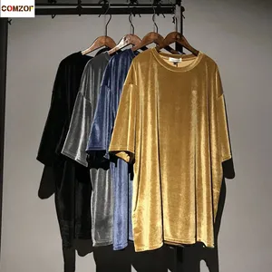Новое поступление, Женская Вельветовая футболка, винтажные Свободные повседневные топы с коротким рукавом, женская футболка большого размера