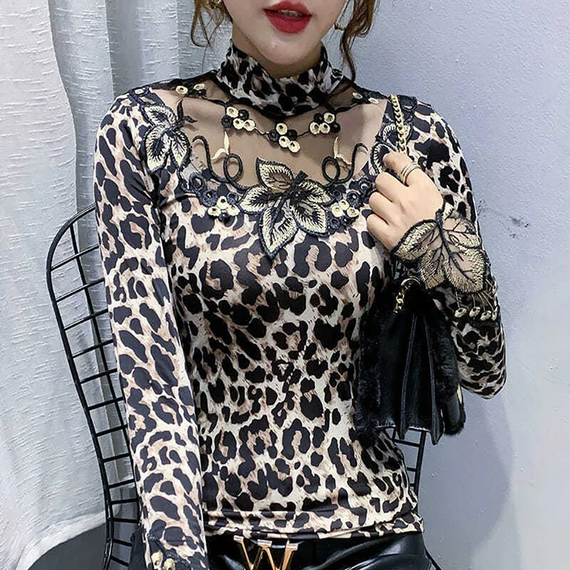 

Spring and Autumn Lace Embroidered Leopard Print Bottoming Shirt Ladies T-shirt Trendy Brand Top Casual Basic T-shirt Women