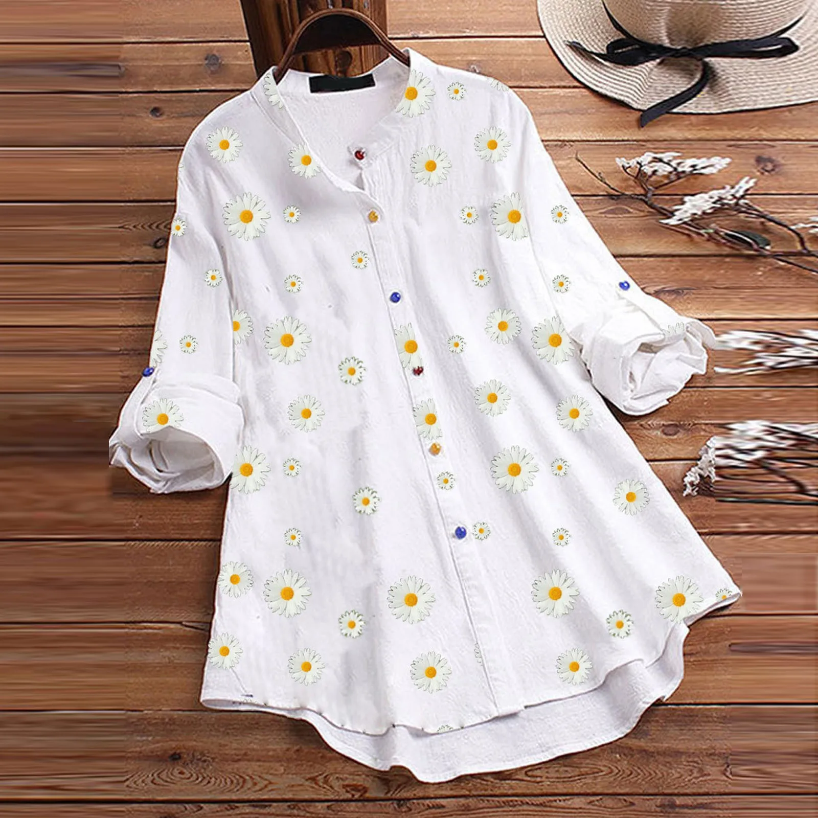 Блузка женская из хлопка и льна Повседневная рубашка с длинным рукавом цветочным