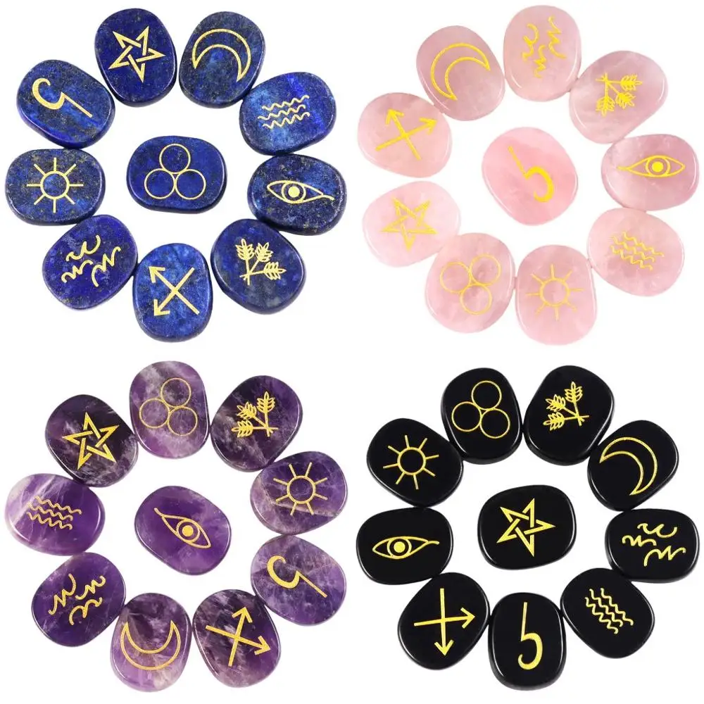 TUMBEELLUWA 1Lot (10Pc) Natural Engraved Gypsy Wiccan Pagan Symbol Rune Set for Healing Reiki Balancing Divination
