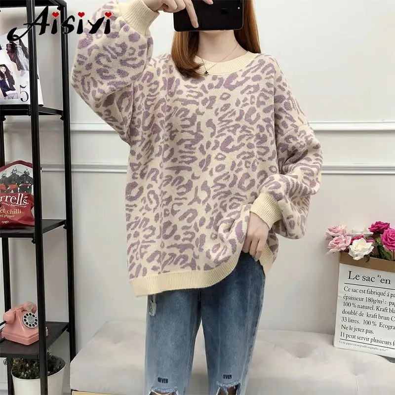 Knitwear Leopard Sweater Female Autumn Plus Size Batwing Sleeve Oversize Loose Thick Warm Women Winter Knitting Pullover | Женская