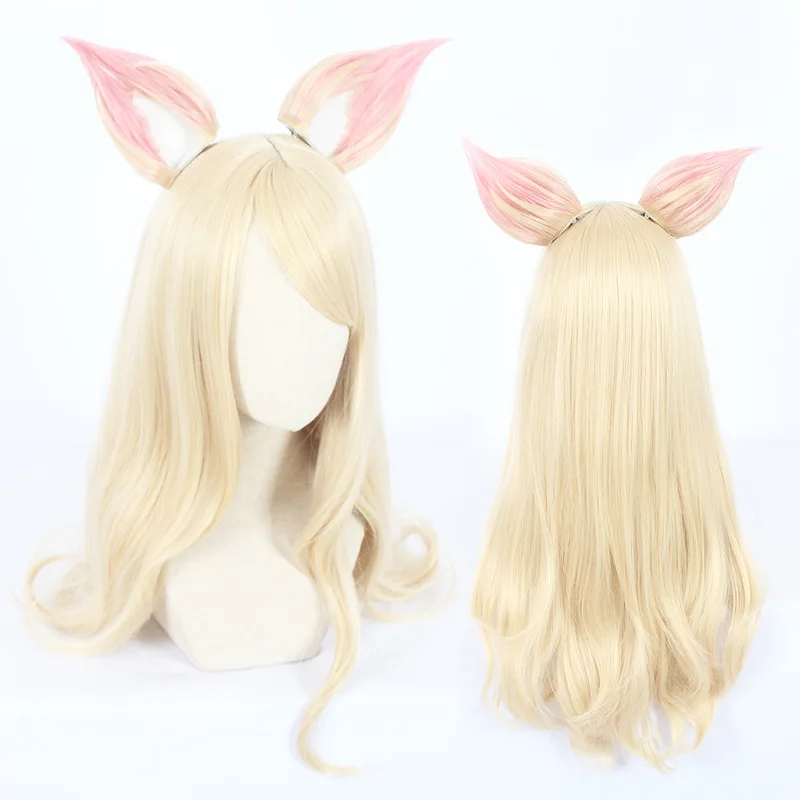 

LOL KDA Ahri Blonde 80cm Mixed long straight Color with Cat Ear Synthetic Hair Cosplay Props Halloween Party + Free Wig Cap