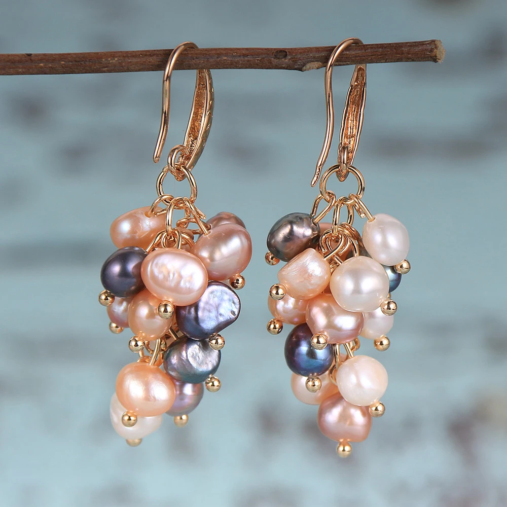 

Women Natural Freshwater Pearls Grape Dangled Drop Earrings White Pink Black Baroque Pearl France Copper Earring Hook Jewelry