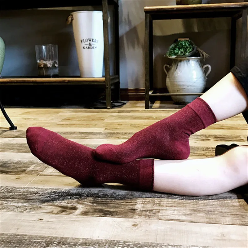 Glitter Gold Silver Lurex Ankle Socks for Women Metallic Cotton Socks Pink Socks Shining Crew Winter Sock 5 Pairs/Lot
