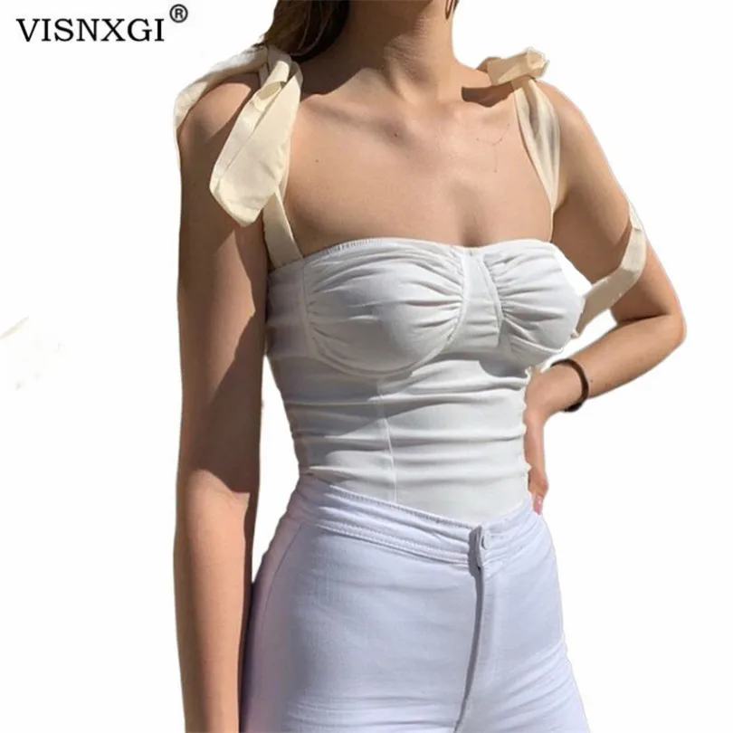 

VISNXGI Tie Up Sleeveless Bodycon Vest Tops Summer 2021 Female Ruched Short Streetwear Sexy Club Spaghetti Strap Chiffon Shirts