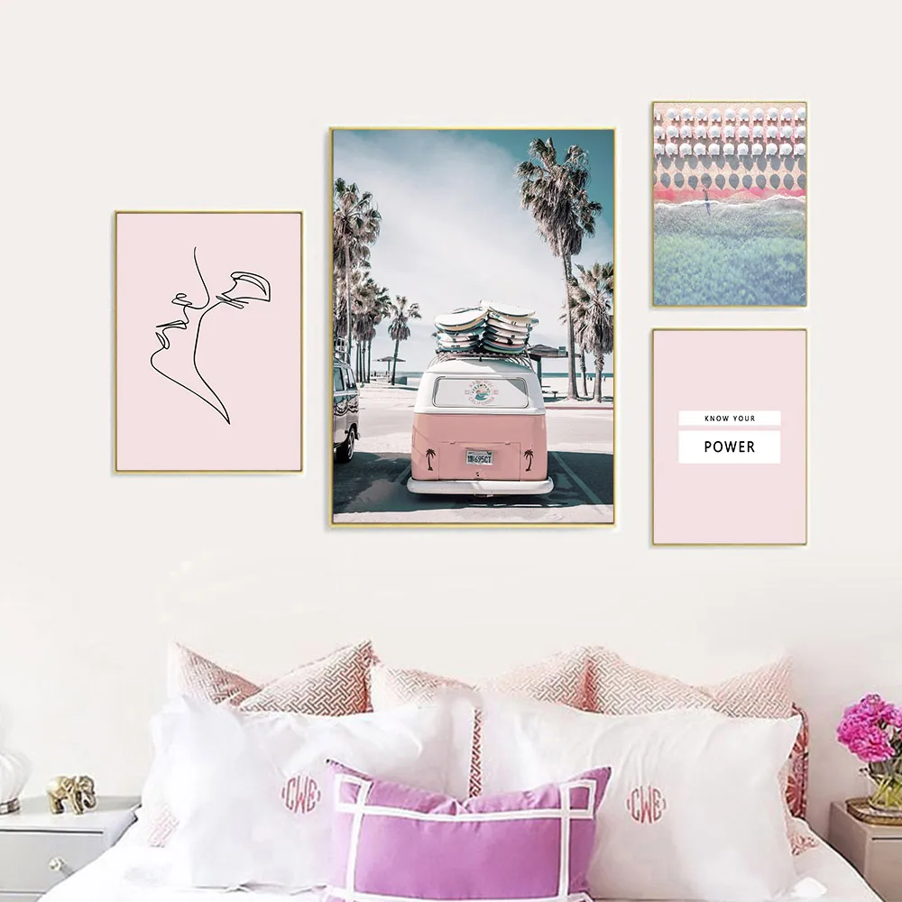 Розовая Картина на холсте живописный пляж абстрактная линия поцелуй искусство