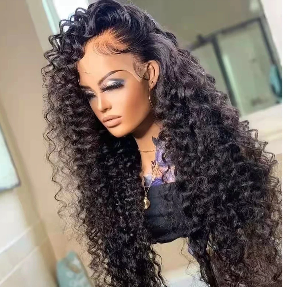 

1B Black Long Curly Synthetic Hair Lace Front Wig For Women With Baby Hair Heat Resistant Fiber Daily Wigs 180%Density