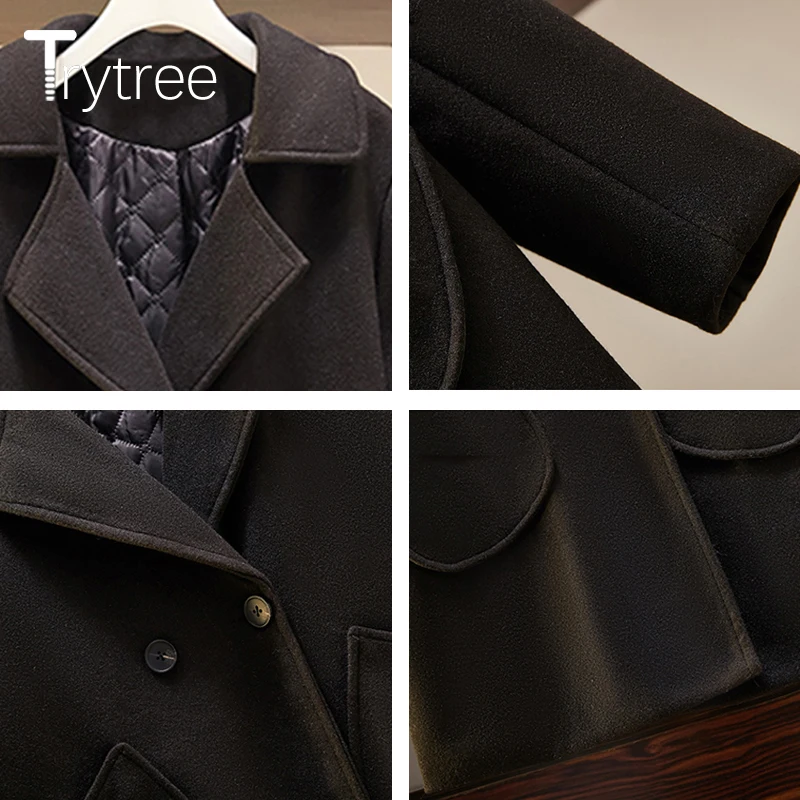 

Trytree 2020 Winter Casual Women's Blends Tweed Jacket Cotton Liner Turn-down Collar Pockets Loose Office Lady Solid Suit Coat