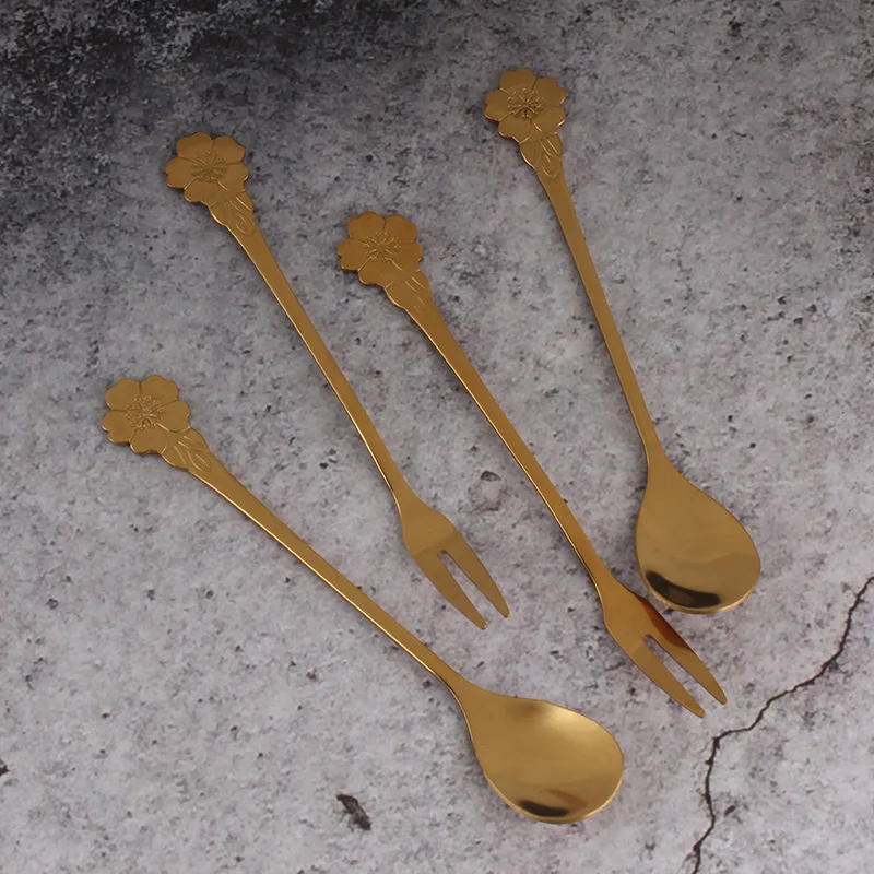 

Creative Stainless Steel Fruit Fork New Style Cherry Spoon Golden Set Cherry Blossom Fork Gift Gift Moon Cake Fork Dessert Fork