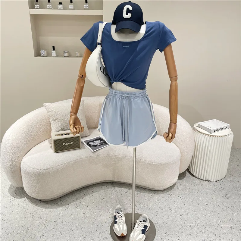 

New Women's Clothing Summer 2021 Fashion Square neck slim short sleeve T-shirt + sports shorts pants casual Two piece set