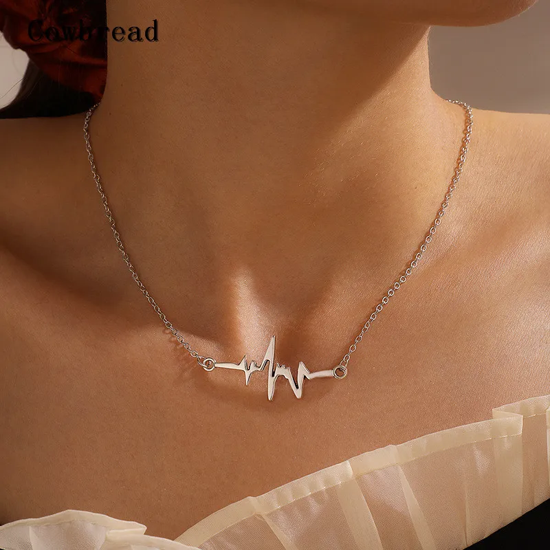 

COWBREAD Personality Necklace for Women Choker Silver Short Heartbeat Fluctuation Necklace Women's Neck Jewelry
