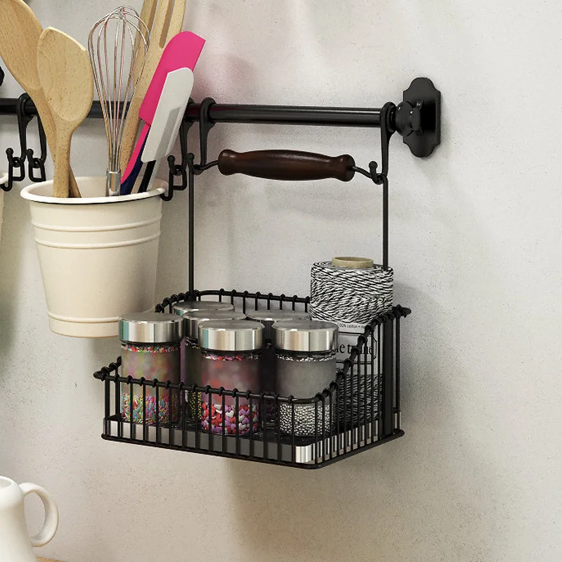 

Kitchen Metal Storage Holder Closet Under Shelf Retro Hanging Vegetable Basket Bread Egg Seasoning Bottle Organizer Save Space
