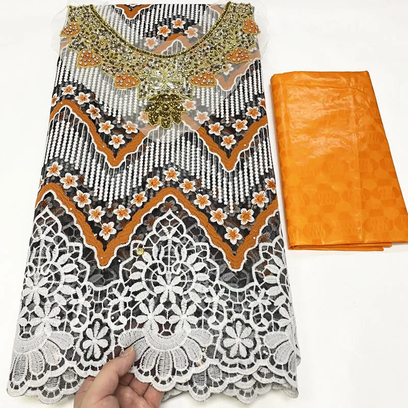 

Новый стиль вышивка 2,5 ярдов базин богатая парча ткань с 2,5 ярдов французская сетка тюль кружева для свадебной вечеринки платье Шитье