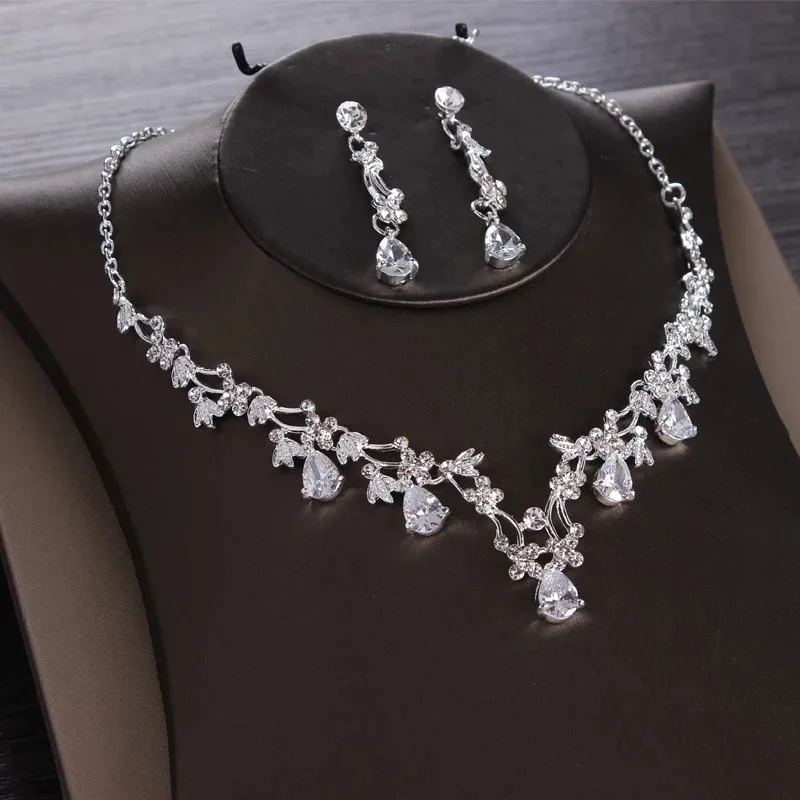 2Pcs Jewelry Set Роскошное сердце Кристалл Свадебные Ювелирные наборы Свадебные с кубическим Цирконом корона диадемы чокер и серьги ожерелье набор африканские бусы комплект ювелирных изделий - Окраска металла: 2Pcs Jewelry Set