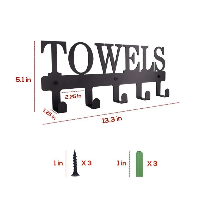 

5 Hooks Towel Rack Wall Mount Bathroom Towel Holder Art Word and Pet Images Rack Rustproof and Waterproof Door Hooks Home Racks