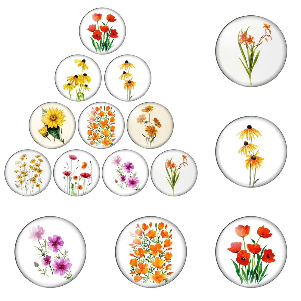 

12pcs/lot Flowers Groups Painting Beautiful Sunflower 8mm-30mm Round Photo Glass Cabochon Demo Flat Back Making Findings